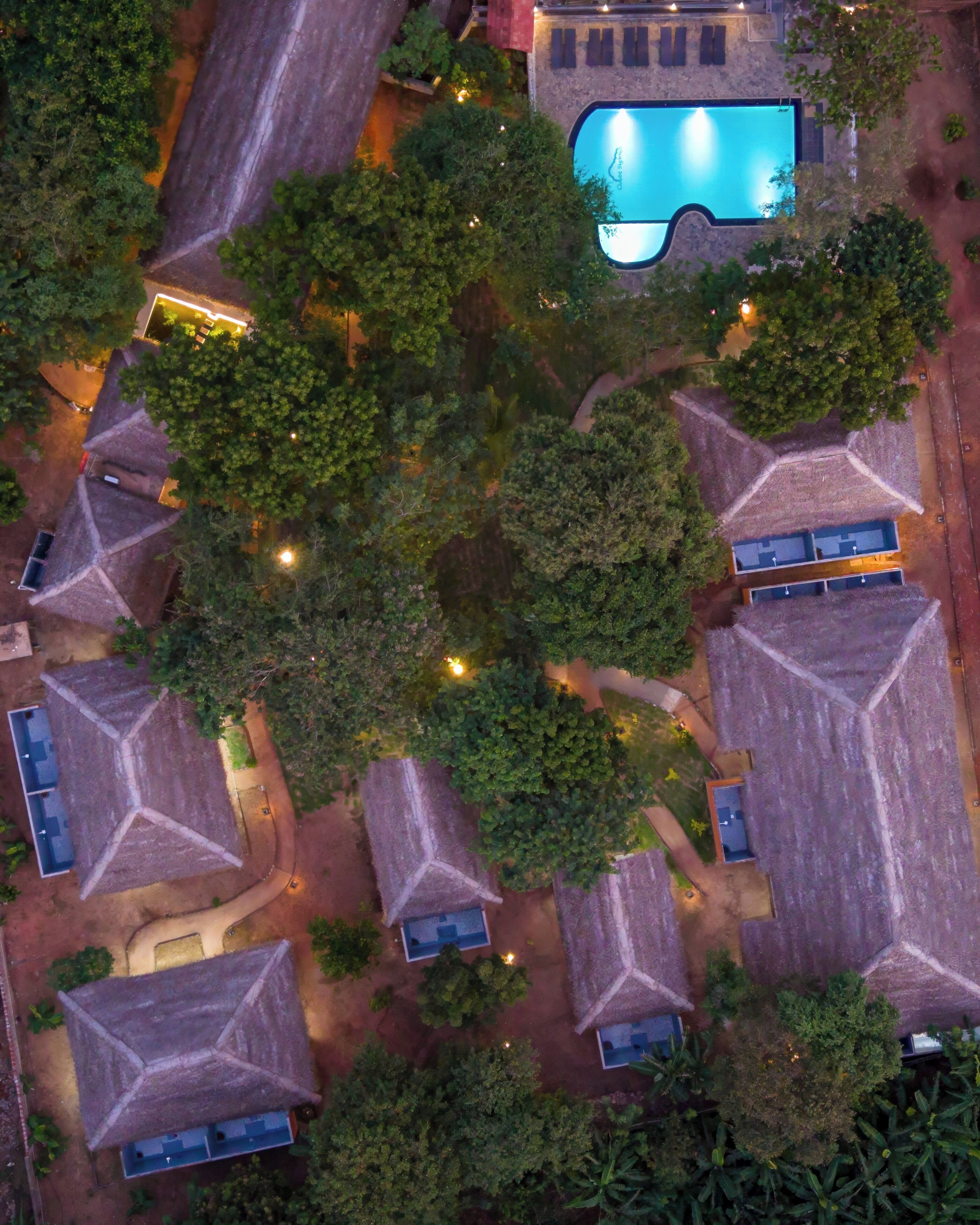 An aerial view of a resort with multiple thatched-roof cottages, a swimming pool, and surrounding greenery.