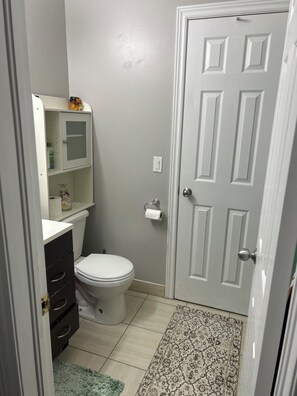 Hair dryer, towels, soap, toilet paper