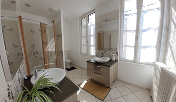 Comfort Double Room, Garden View | Bathroom | Hair dryer, soap, shampoo, toilet paper