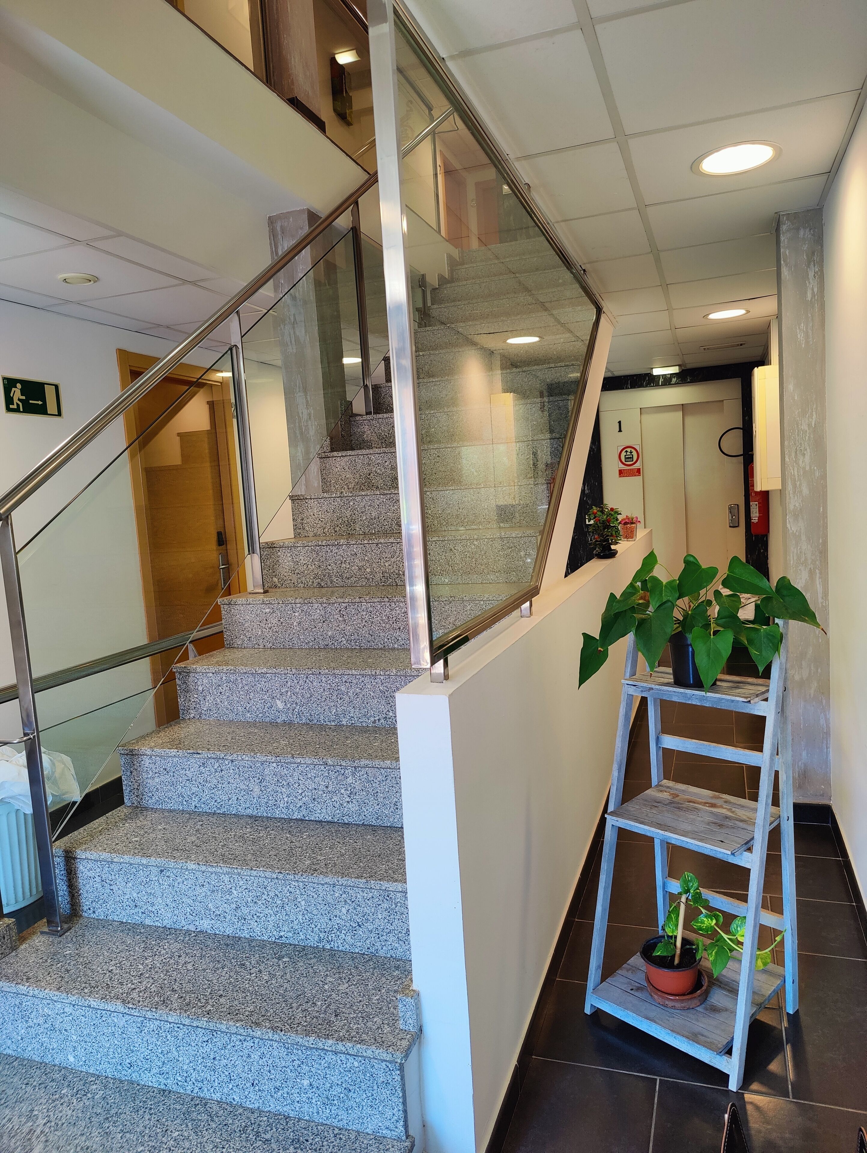 Una escalera con barandales de metal, una planta en maceta sobre una estantería y un extintor en la pared.