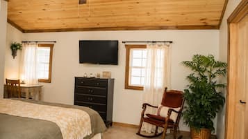 A bedroom with a bed, dresser, television, rocking chair, and potted plant.