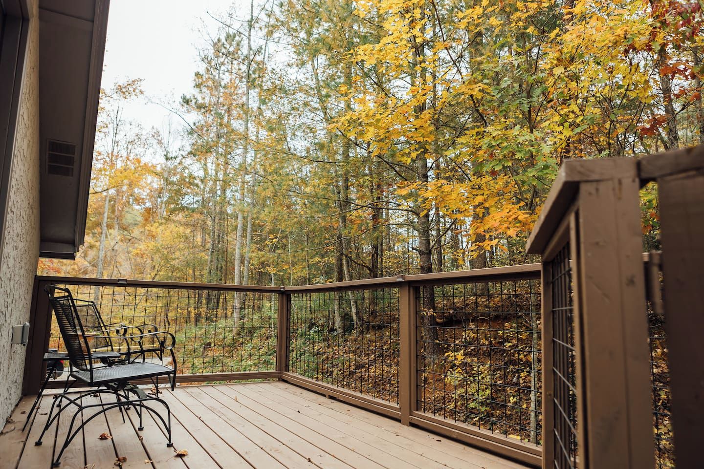 A wooden deck with a metal railing, overlooking a forest with autumn foliage.