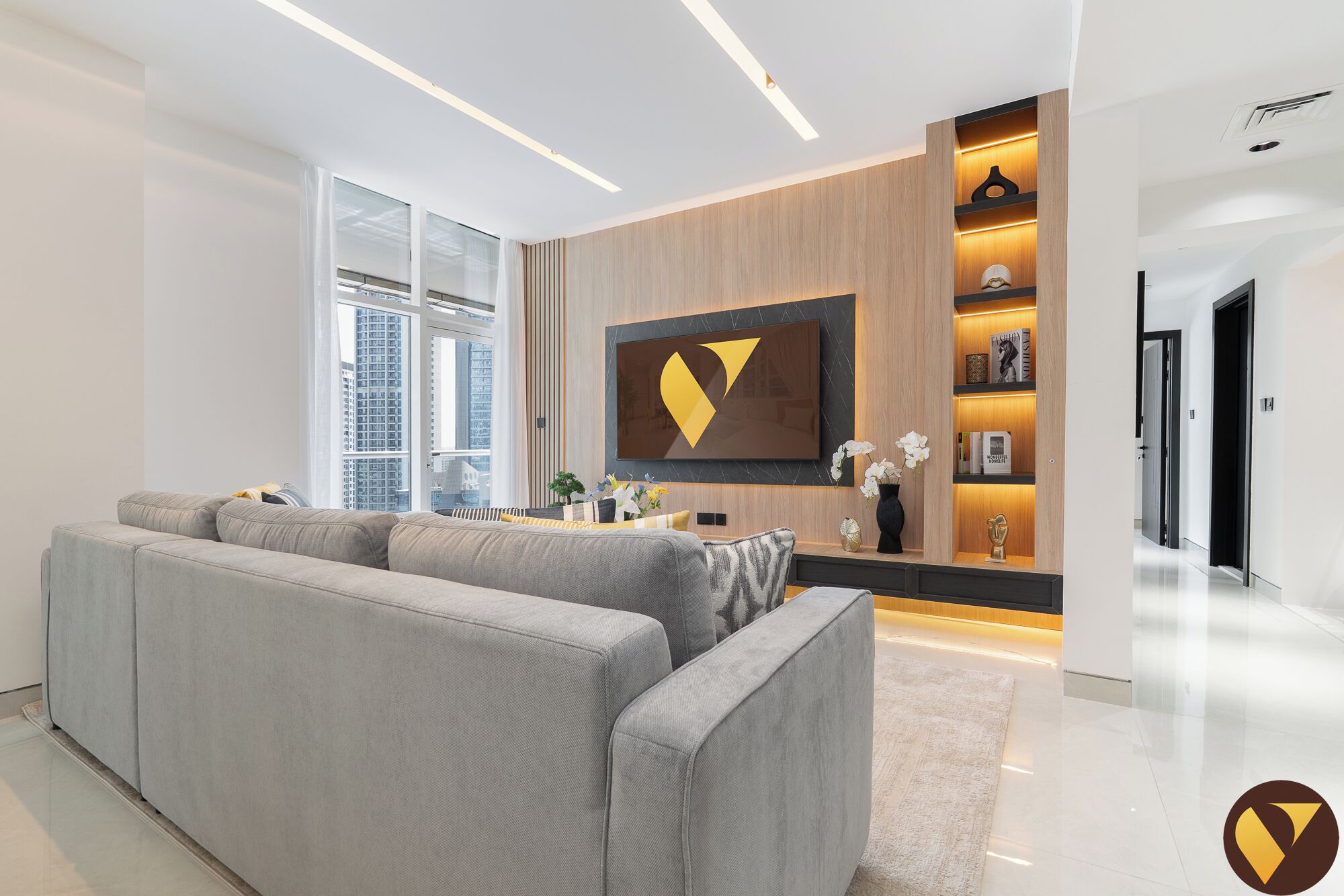 Luxury-Apartment, Balkon, Blick auf den Jachthafen | Wohnbereich