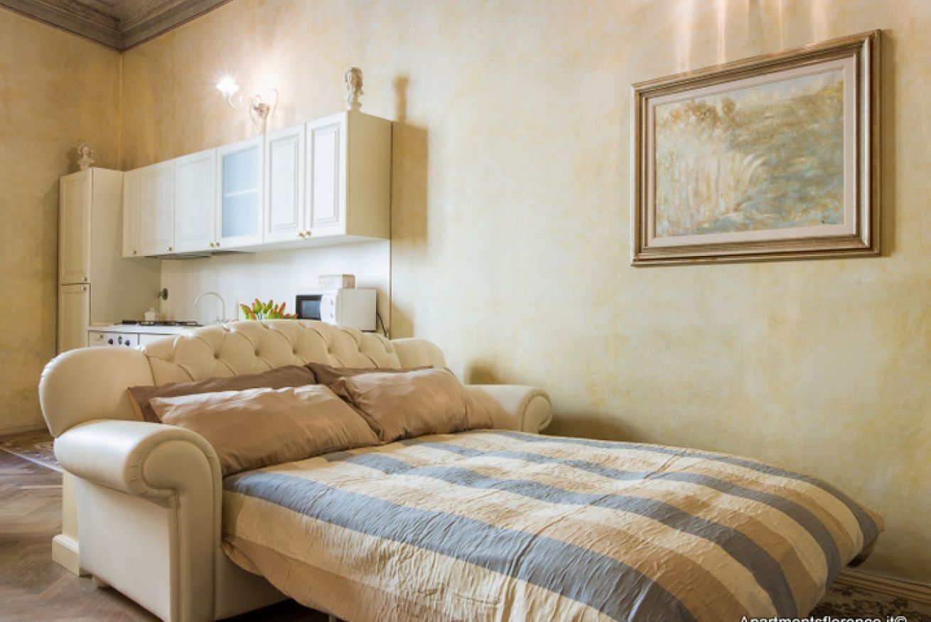 Un dormitorio con cama, sofá, zona de cocina y un cuadro en la pared.