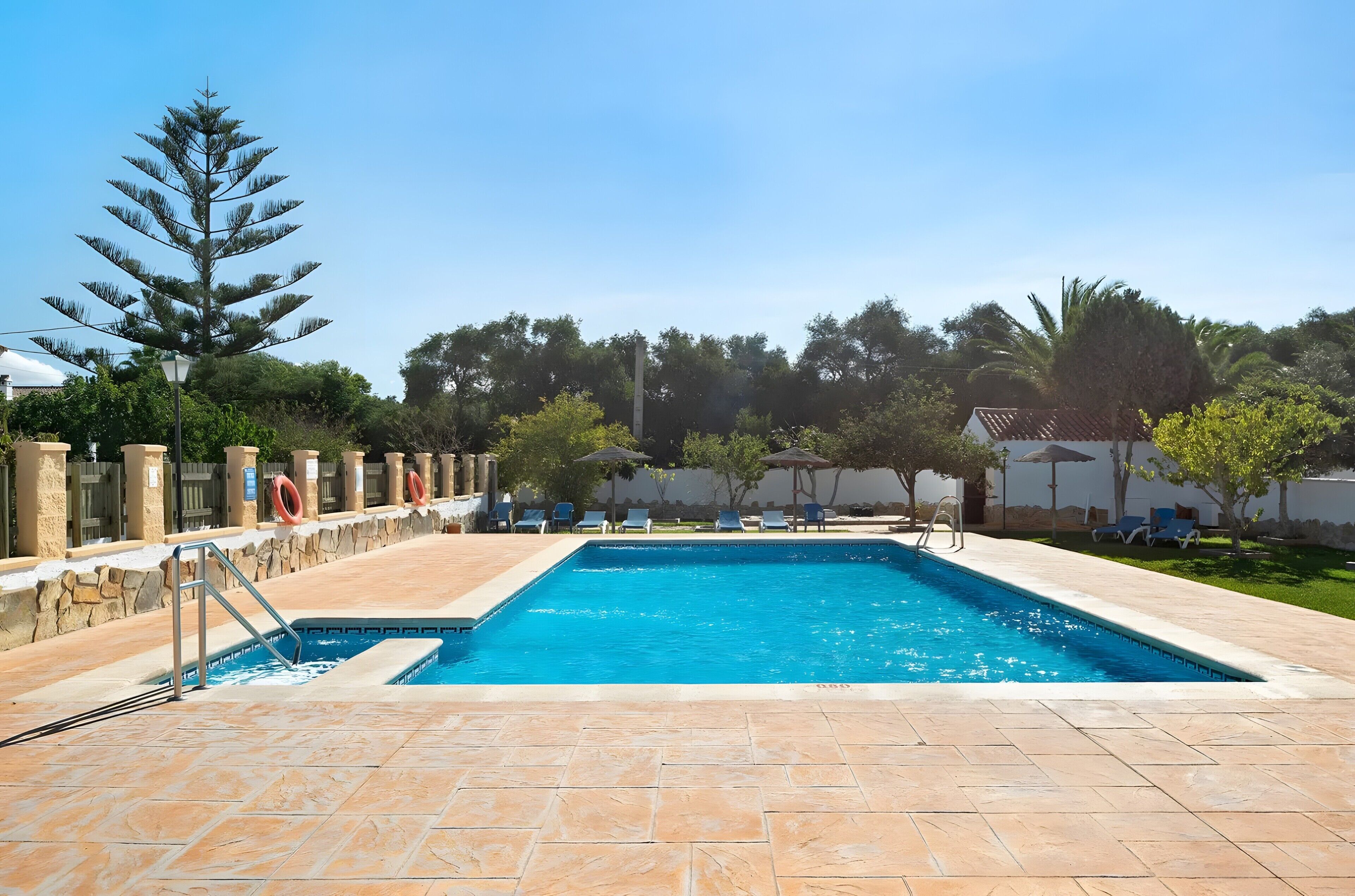 Piscina rectangular con deck de baldosas, rodeada de sillas de descanso y una palmera.