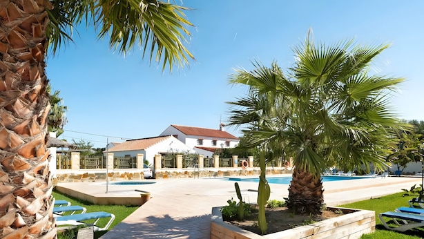 A pool area with lounge chairs, a palm tree, and a building with a tiled roof. - Holiday Home 'Miguelin 1' with Shared Pool, Wi-Fi and Air Conditioning (Zahora)