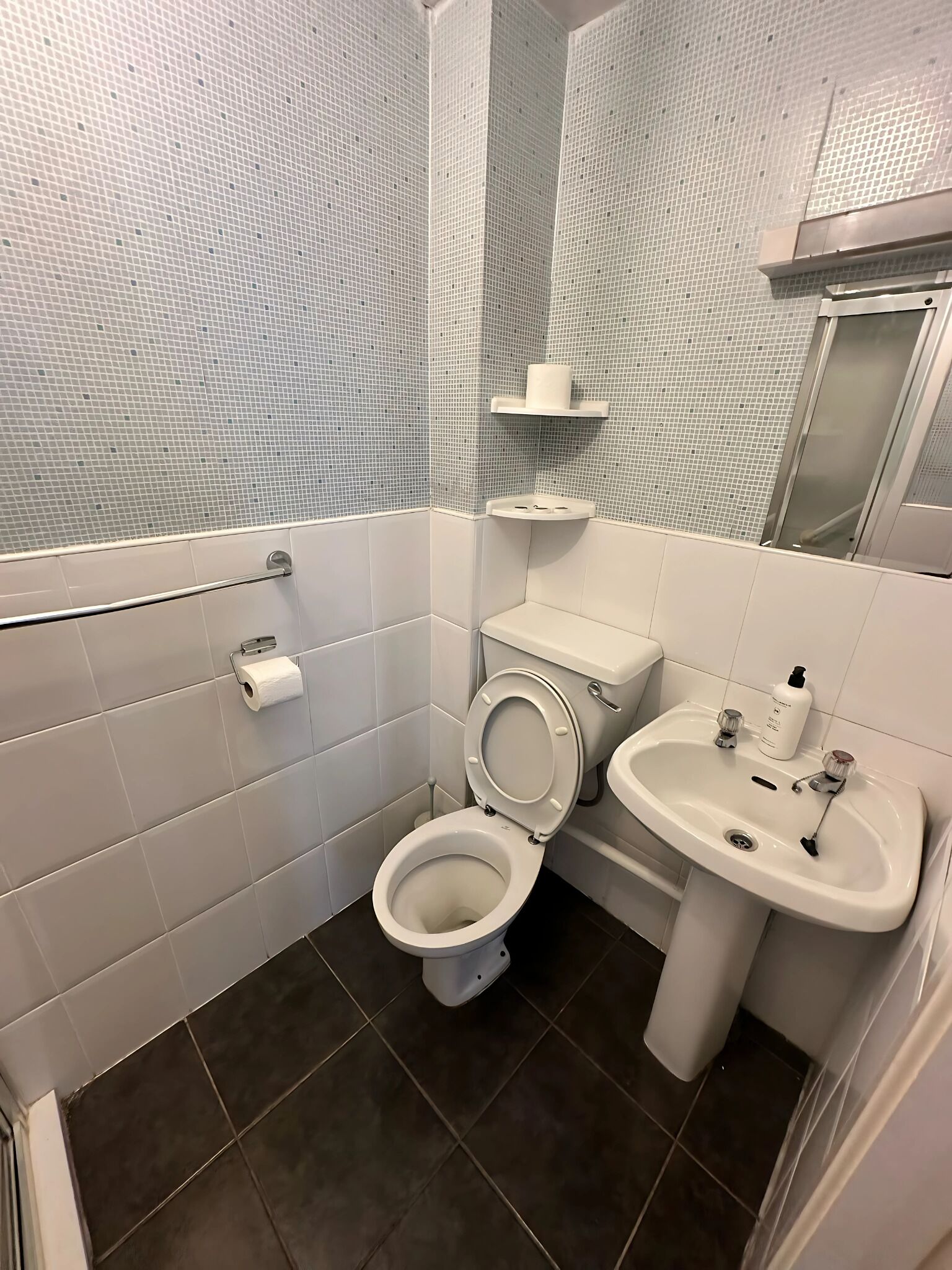 Un baño con inodoro, lavamanos y espejo.