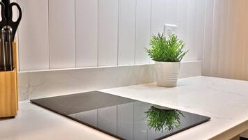 Fridge, microwave, stovetop, coffee/tea maker