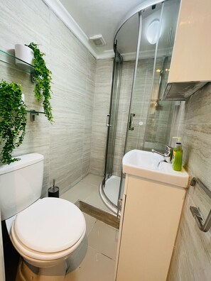 A modern bathroom with a toilet, sink, shower, and glass-enclosed shower stall. - Modern Studios Malvern Road  (London)