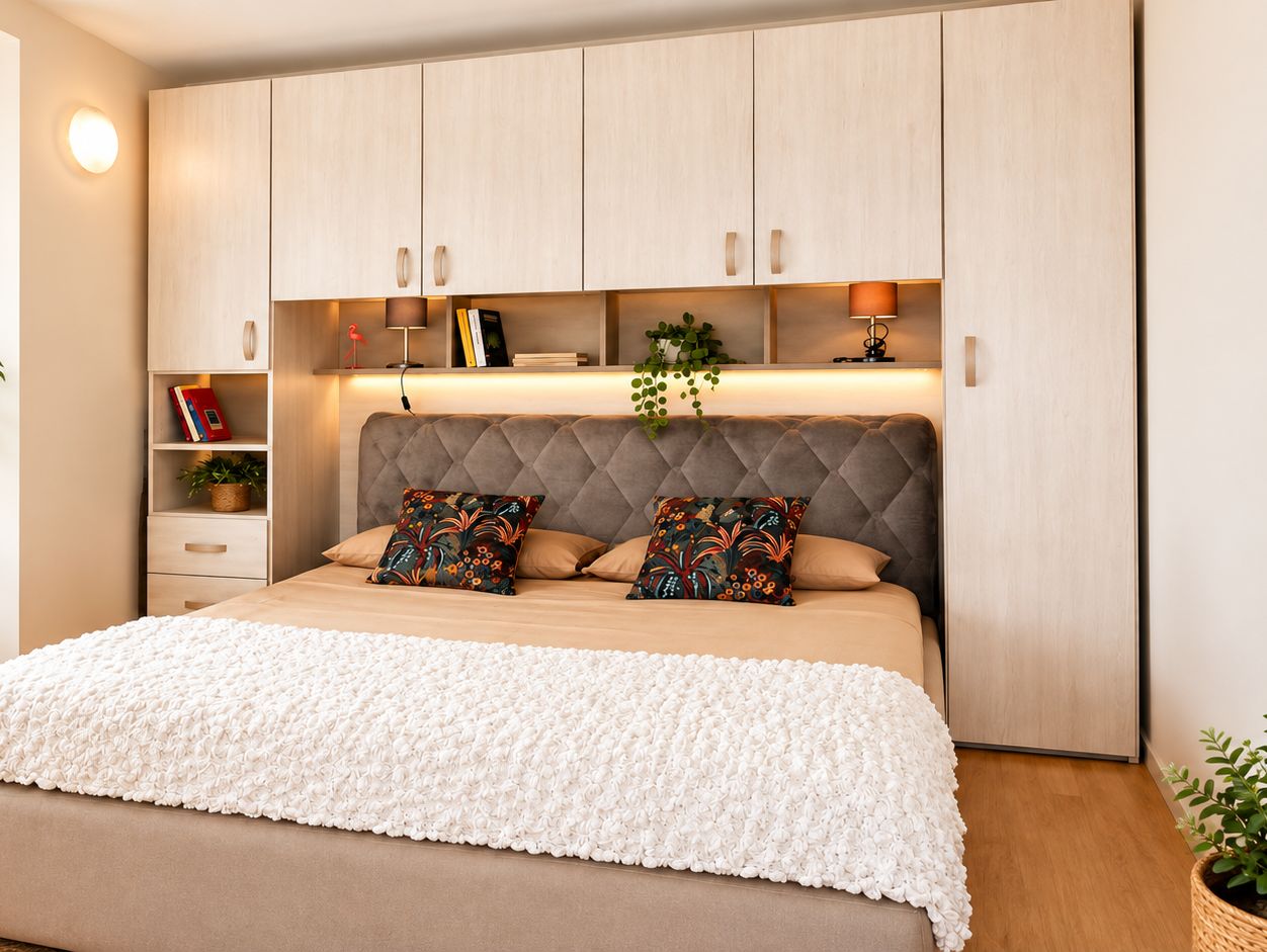 Ein modernes Schlafzimmer mit einem gepolsterten Kopfteil, einem großen Bett, einem Nachttisch, einer Einbauschränken mit Büchern und einer Pflanze.
