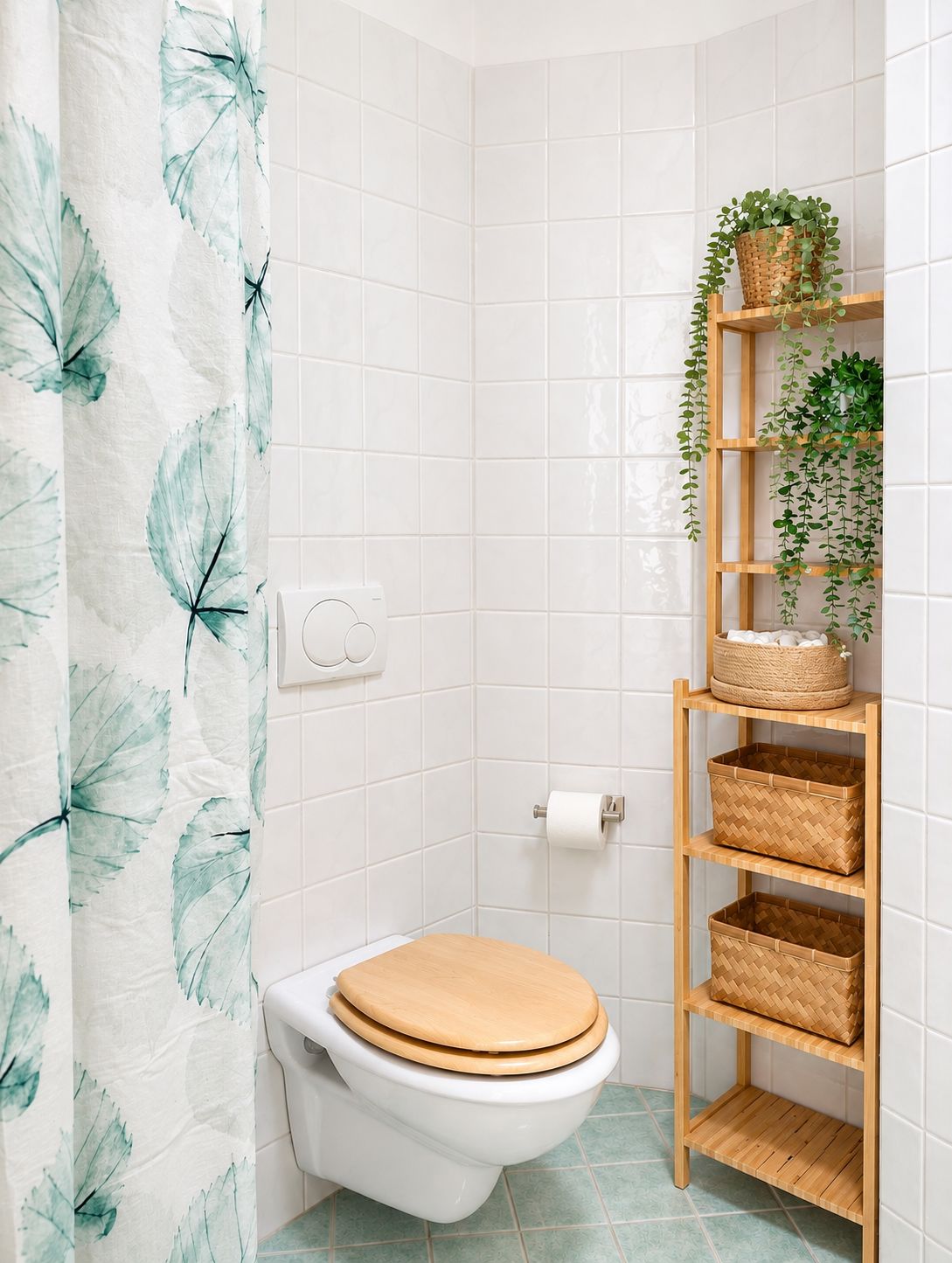 Ein Badezimmer mit Toilette, Ablageflächen mit Körben und einer hängenden Pflanze.