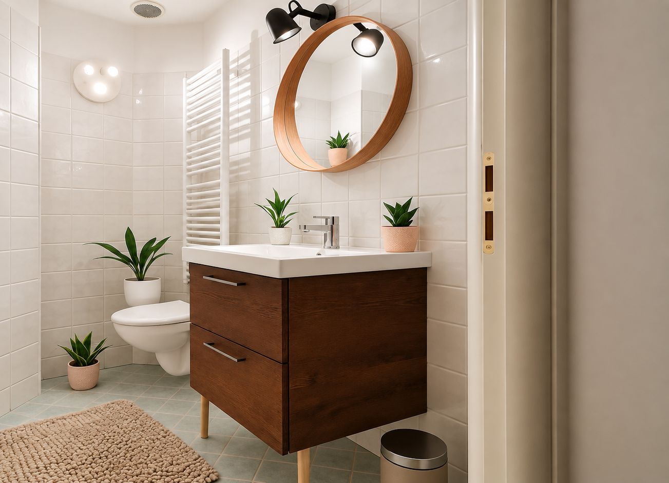 A modern bathroom with a wooden vanity, a round mirror, and two potted plants.