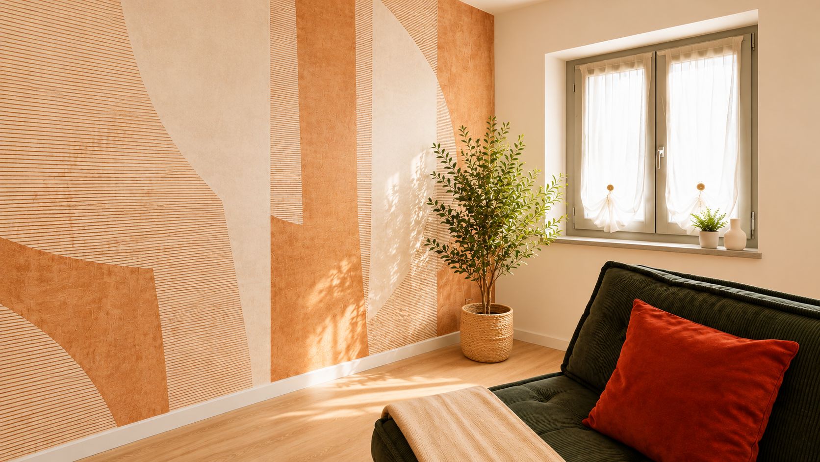 A room with a wooden floor, a green sofa with a red pillow, a potted plant, and a window with curtains.