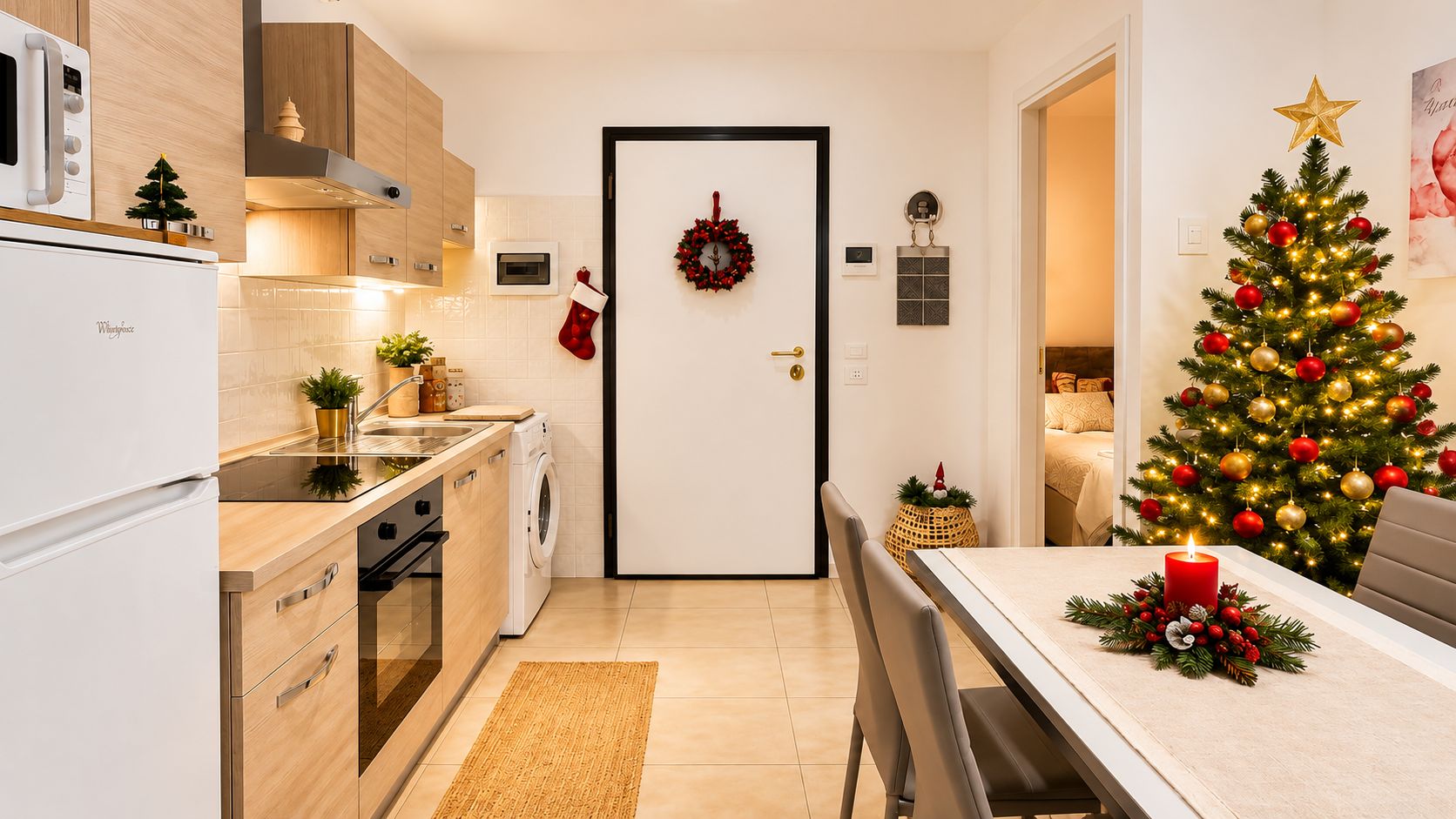 Eine moderne Küche mit Essbereich, einem Weihnachtsbaum und festlicher Dekoration.