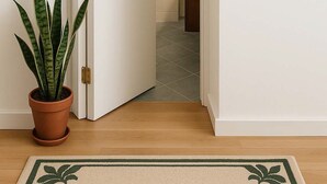 A hallway with a white door, a potted plant, and a framed picture on the wall. - Giulio Collio Suite House (Cormons)