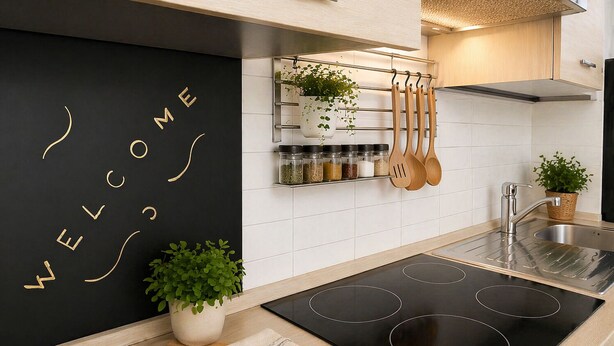 A modern kitchen with a black backsplash, stainless steel appliances, wooden utensils, and a welcome sign. - Giulio Collio Suite House (Cormons)