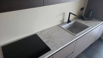 Una cocina moderna con una placa de inducción integrada, un lavamanos de acero inoxidable y armarios grises.