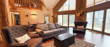 Televisión, chimenea, reproductor de DVD, libros