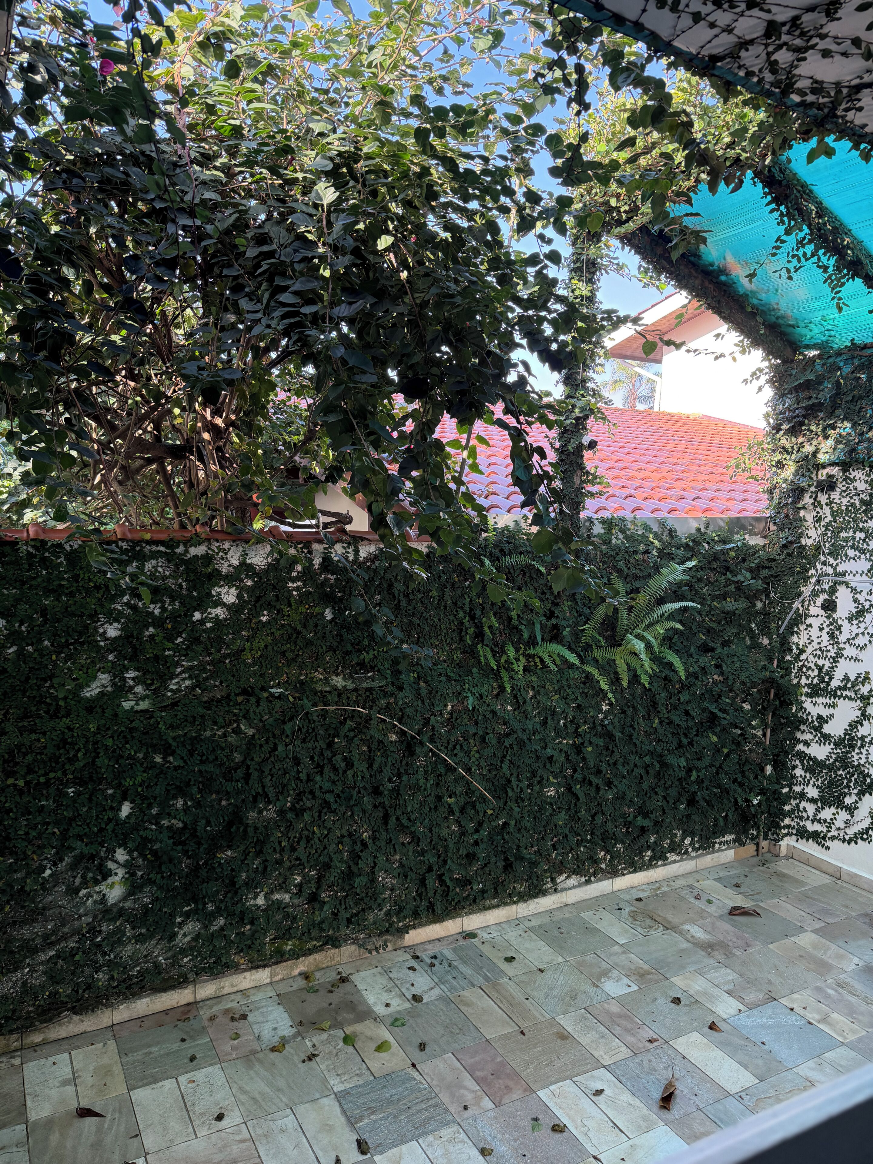 Une terrasse carrelée offrant une vue sur une maison dont le toit est recouvert de tuiles rouges.