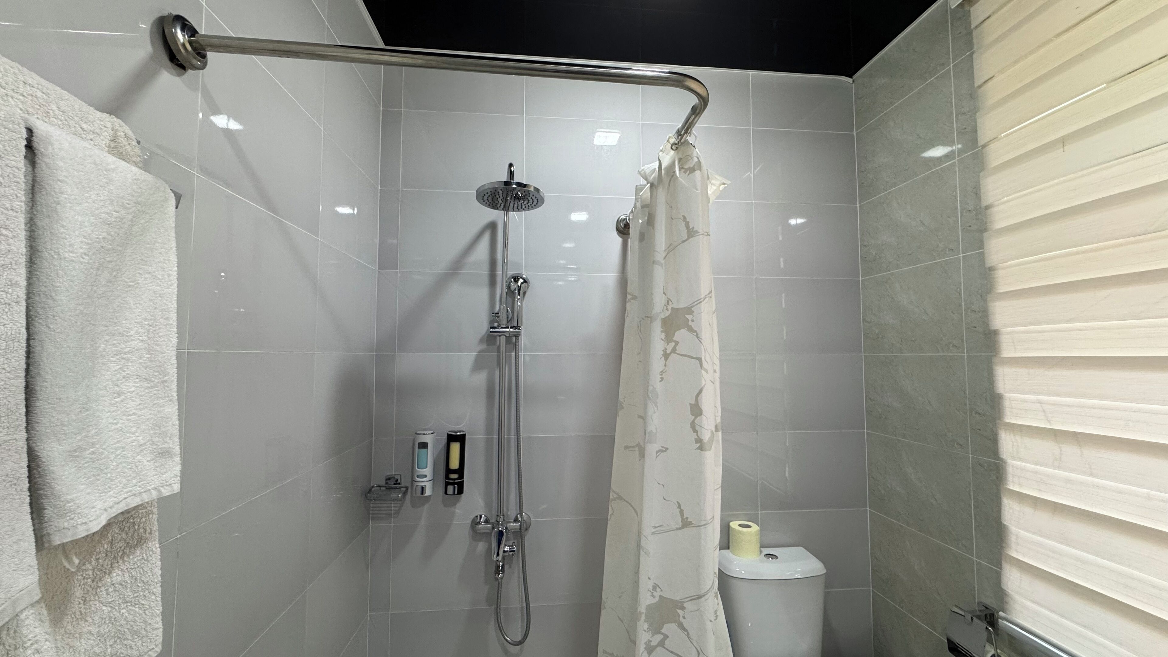 Uma casa de banho moderna com chuveiro, sanita e porta-toalhas.