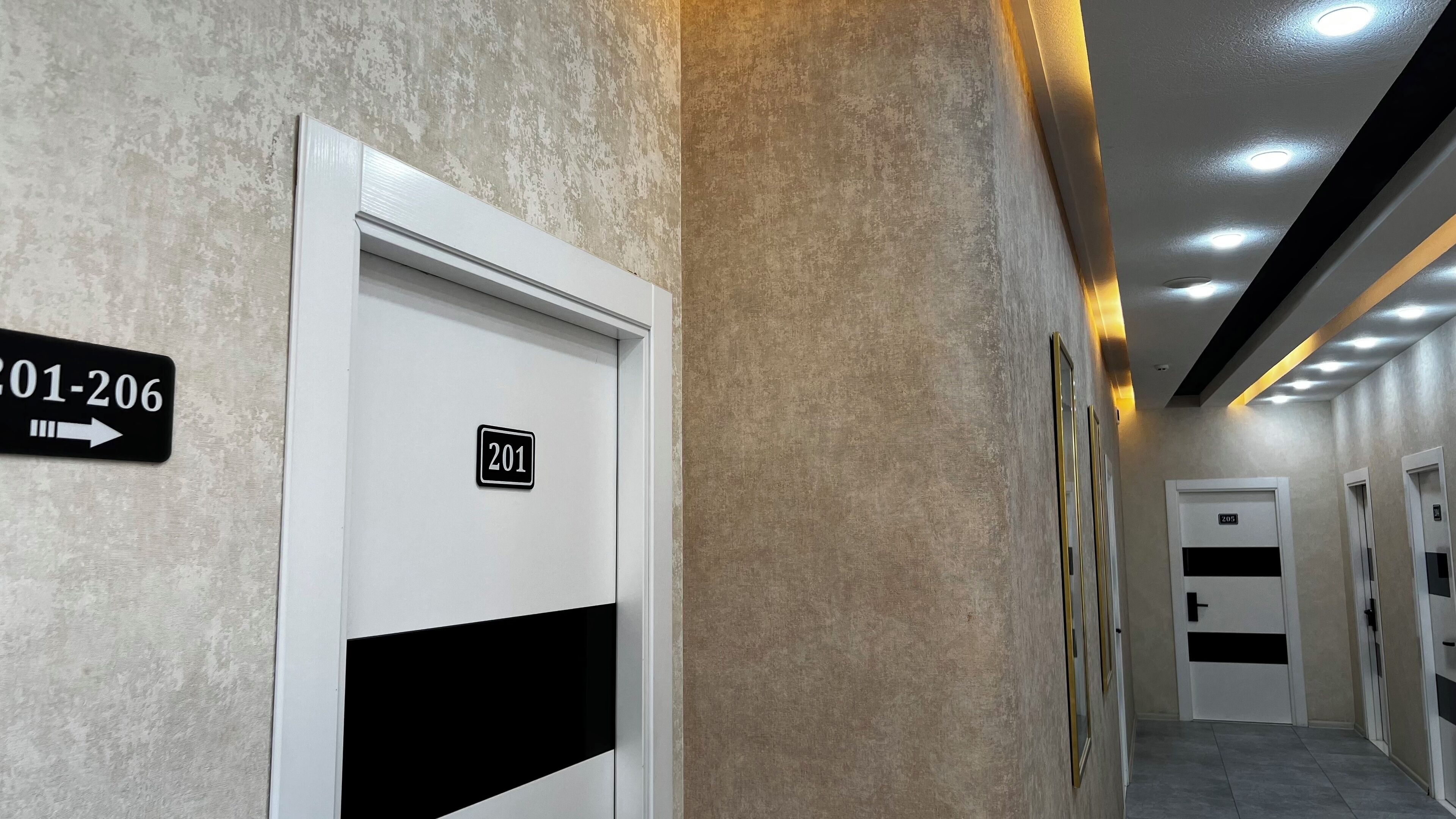 A corridor with doors numbered 201 and 206, a sign indicating the direction to room 201, and a hallway with recessed lighting.