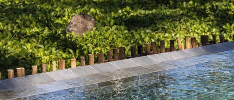 A clear pool with a wooden deck and a view of the ocean and palm trees.