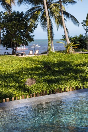 Une piscine aux eaux cristallines, dotée d’une terrasse en bois et offrant une vue sur l’océan et les palmiers.