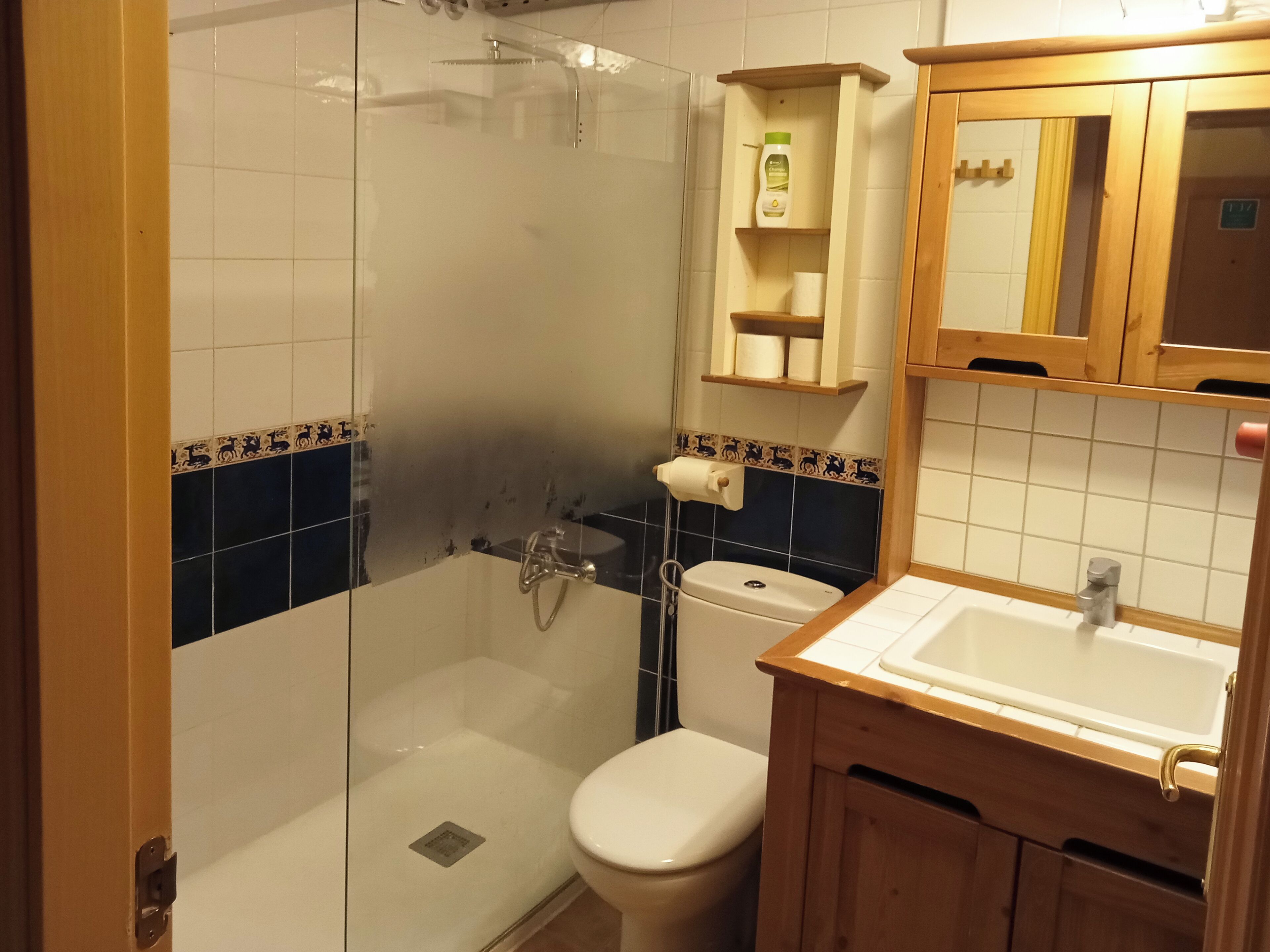 A bathroom with a glass-enclosed shower, a toilet, and a sink.