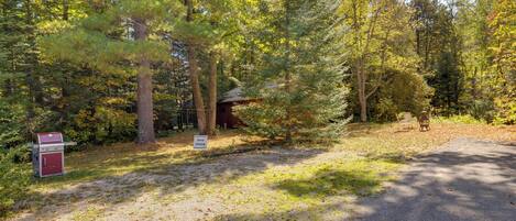 A gravel path leading to a cabin with a sign indicating guest parking.