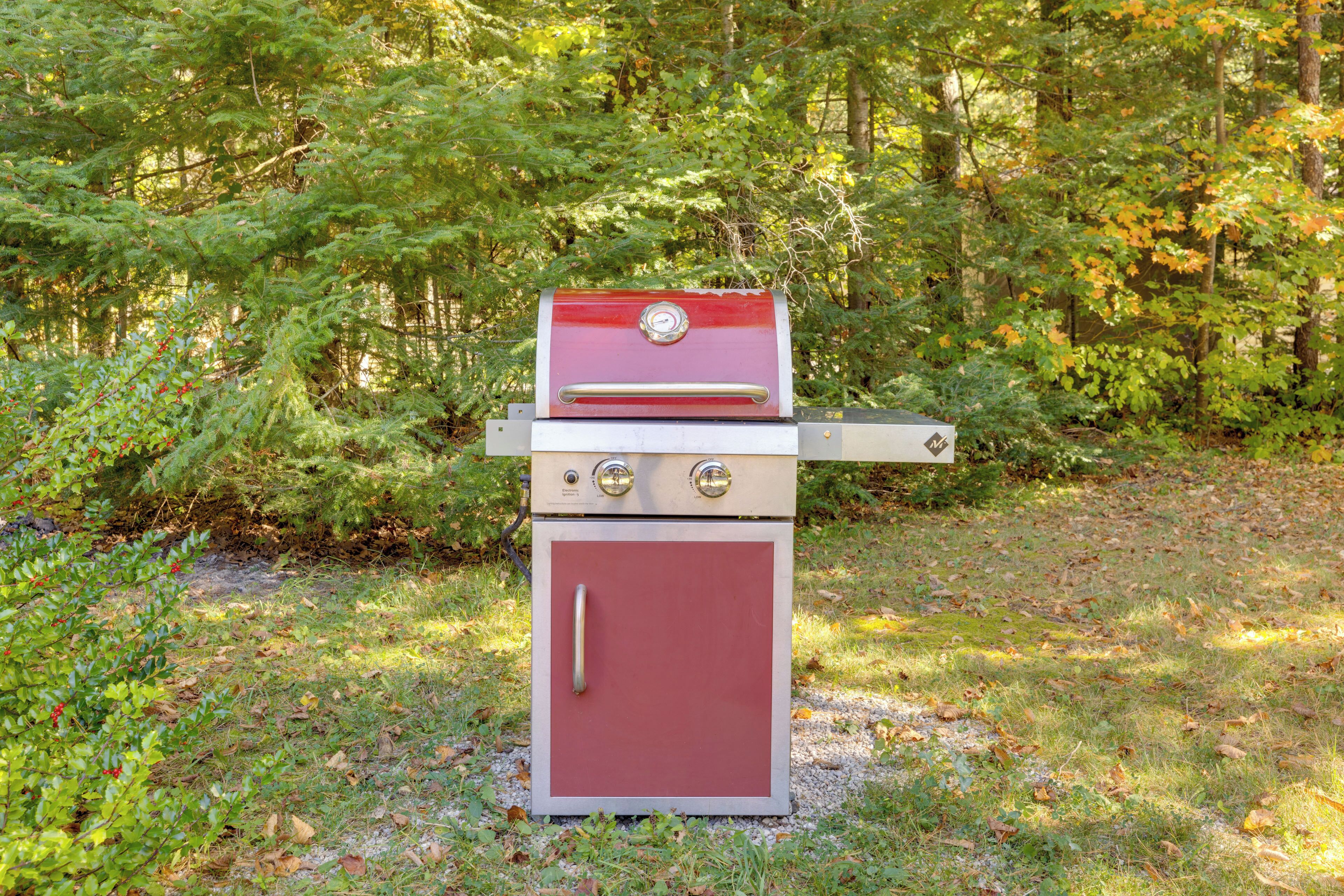 Ein tragbarer Grill mit rotem und silberfarbenem Design, auf einer grünen Fläche inmitten von Bäumen platziert.