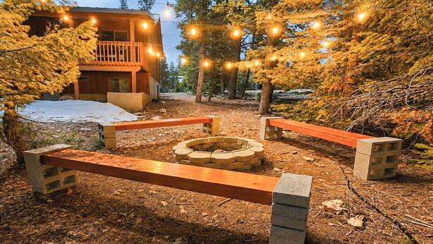A cabin with a deck, a fire pit, and benches. - High Noon Hideaway: Zion Cabin w/ Fire Pit! (Duck Creek Village)