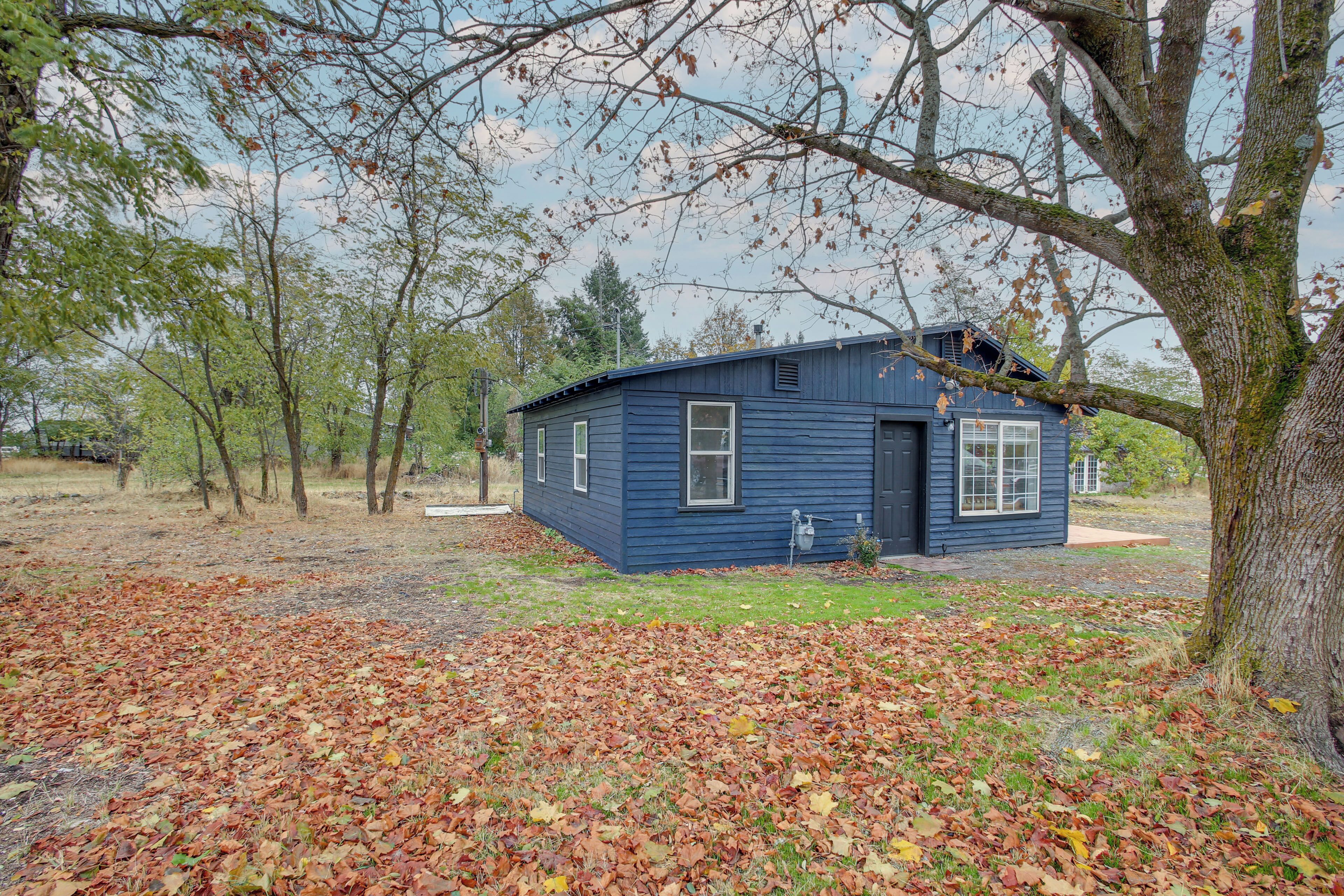 A small, single-story house with a dark blue exterior, surrounded by trees and a leaf-covered ground.