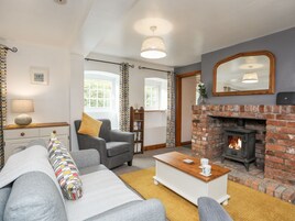Una sala de estar acogedora con chimenea, un sofá, una mesa de centro y una estantería.