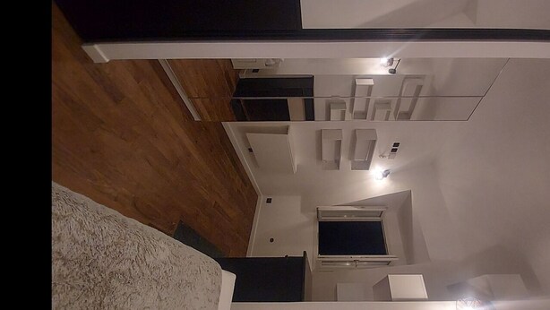Un intérieur moderne avec un plancher en bois, une moquette blanche et un plafond blanc doté d’un éclairage encastré.