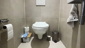 Secador de cabelo, toalhas de banho, sabonete, papel higiênico