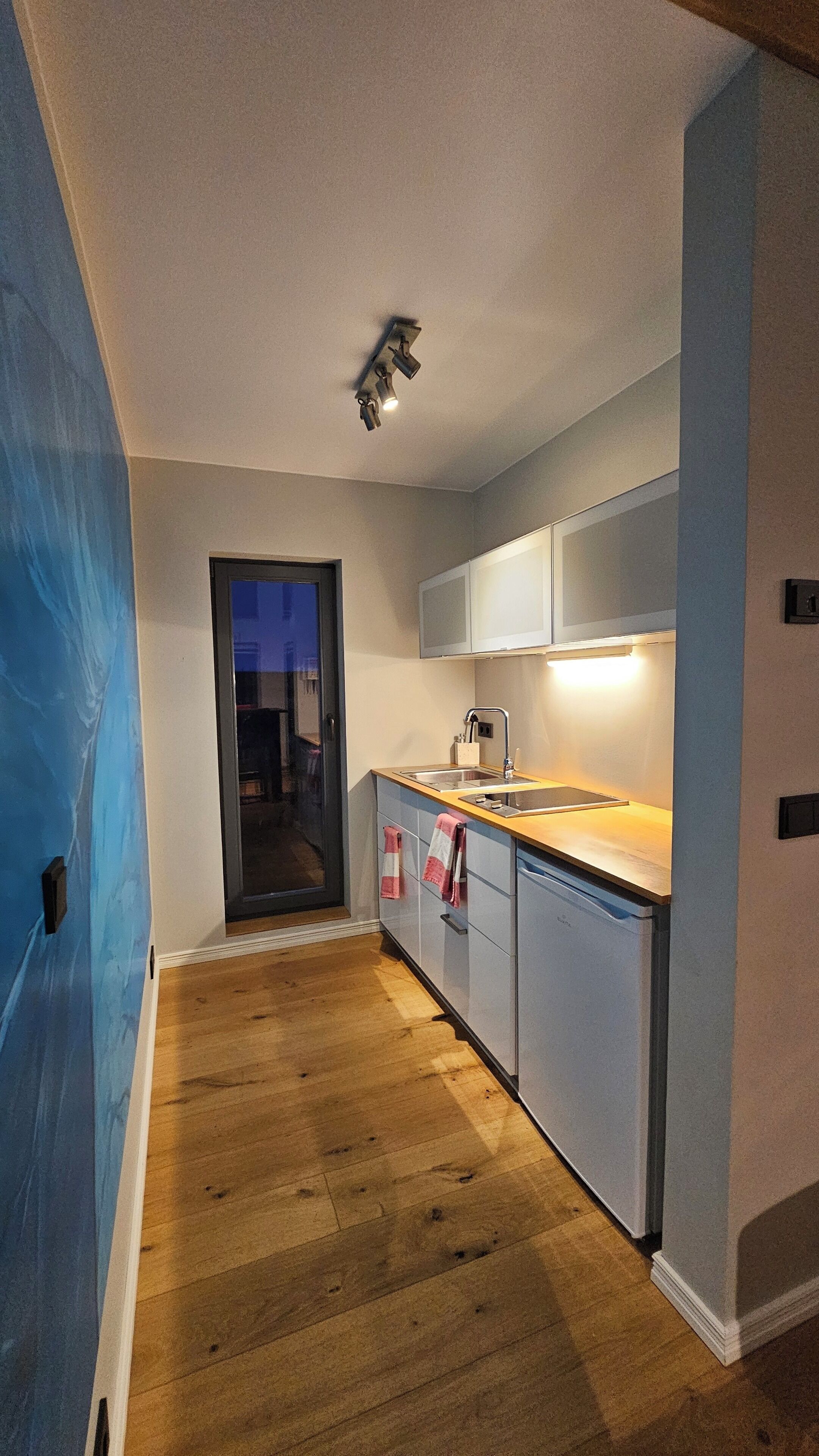 A narrow hallway with wooden flooring leading to a kitchen area with a sink and cabinets.