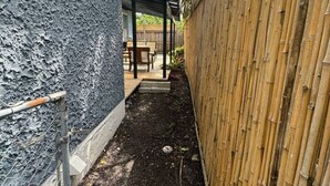 A narrow outdoor space with a covered patio area, a bamboo fence, and a dark textured wall. - The Duchess:Vintage Revived-Pets Welcome (Jacksonville)
