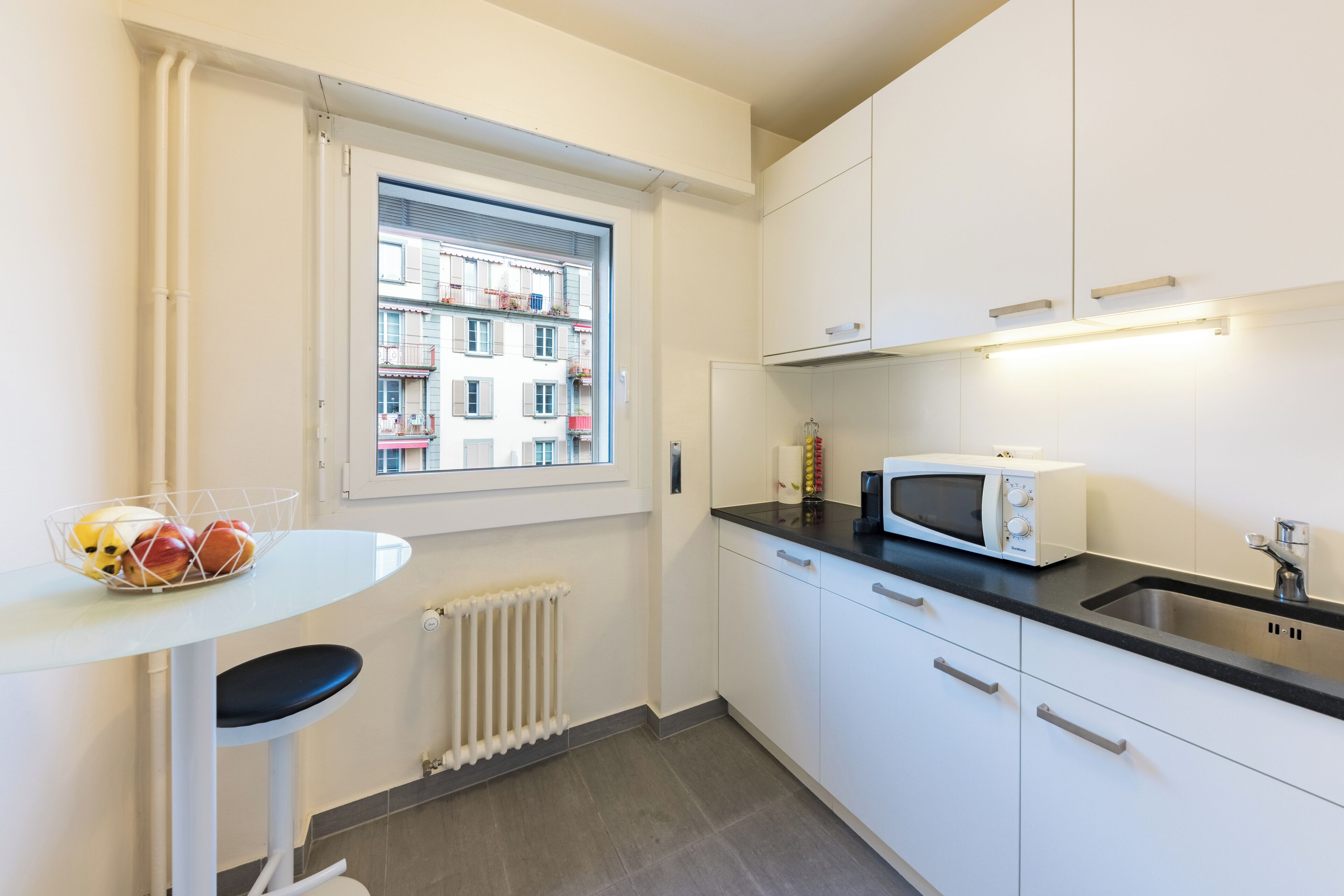 Mini-fridge, microwave, stovetop, espresso maker