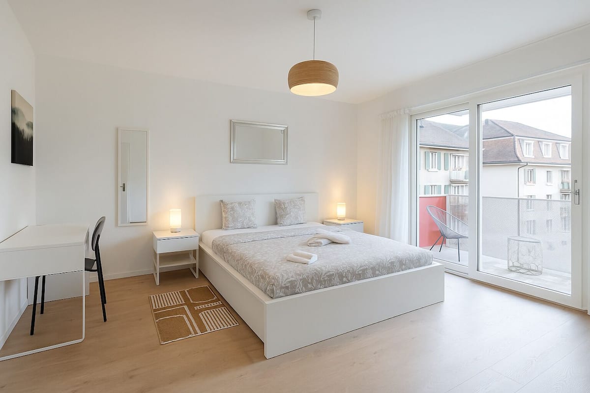 Un dormitorio moderno con una cama grande, mesitas de noche con lámparas, un escritorio y una ventana con vistas a edificios.