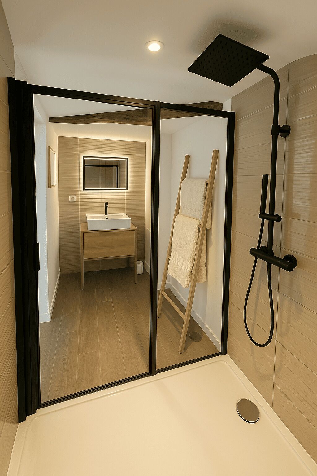 A modern bathroom with a glass partition, a wooden floor, a sink, and a shower area.