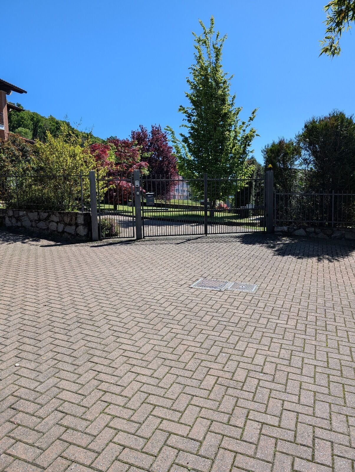 Un patio empedrado con una puerta de metal, rodeado por un muro de piedra y varias árvores.