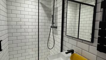 Shower, towels, toilet paper