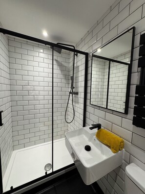 Shower, towels, toilet paper