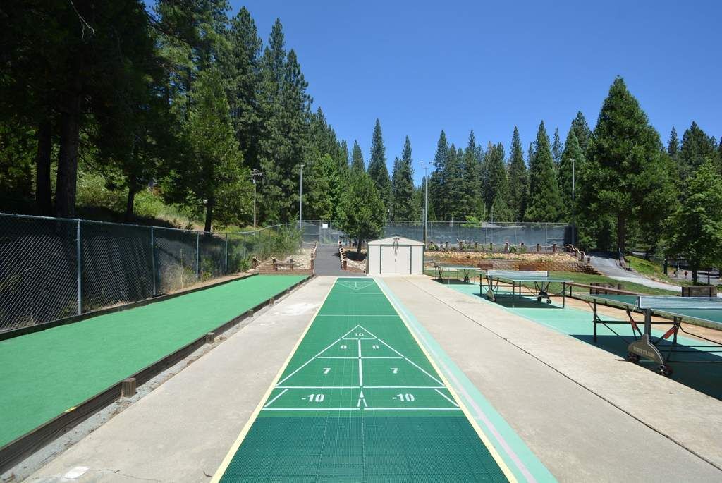 Una cancha de shuffleboard con superficie verde, rodeada por una valla y árboles.