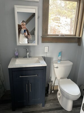 Une salle de bain avec un lavabo, un miroir et des toilettes.
