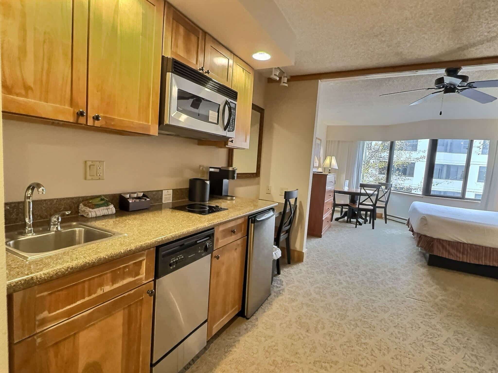 Microwave, stovetop, dishwasher, coffee/tea maker