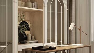 Shower, hair dryer, slippers, towels