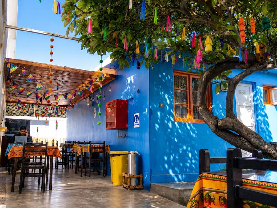 An indoor dining area with tables, chairs, and a blue wall.