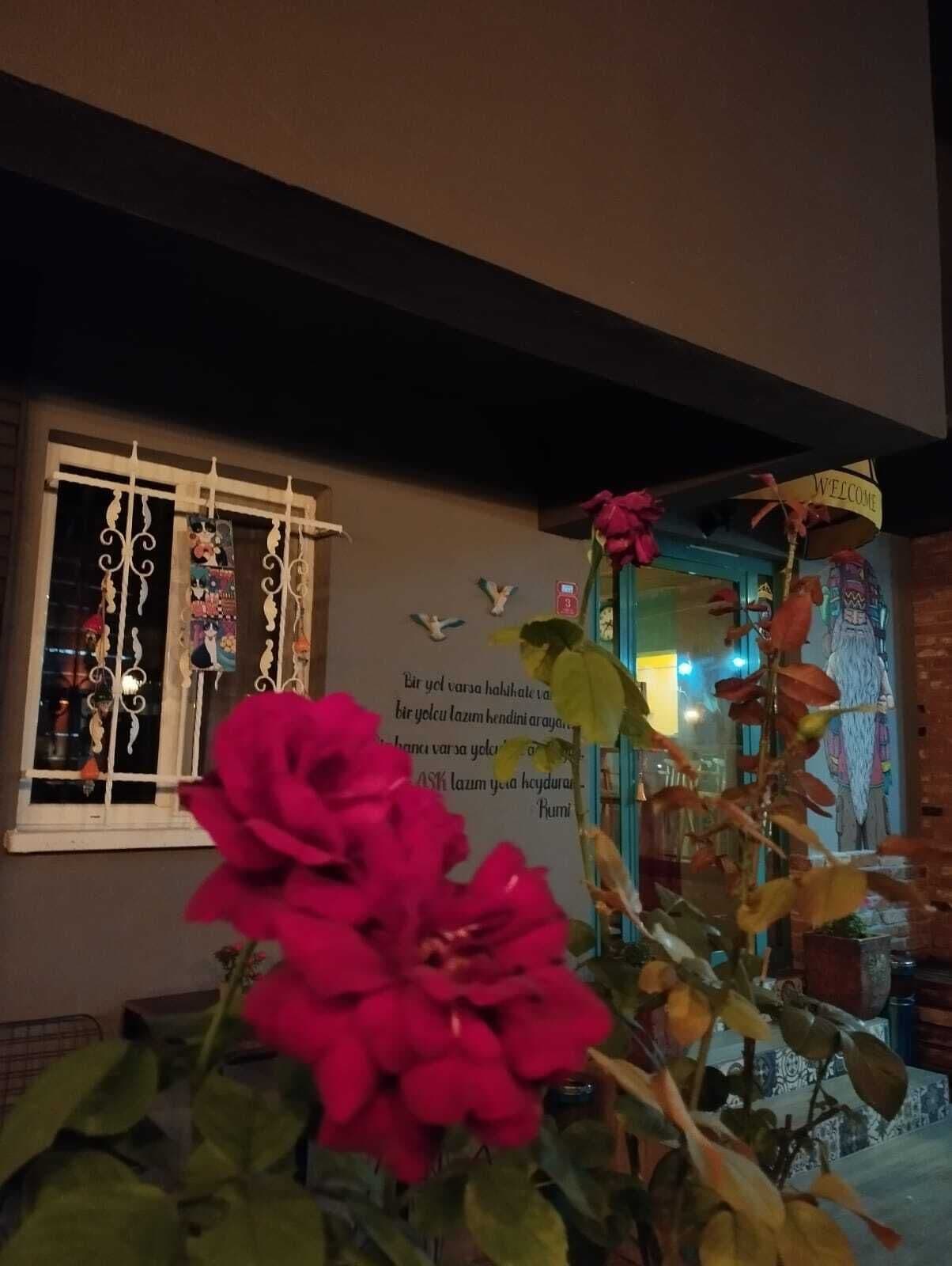 A building entrance with a 'WELCOME' sign, decorative ironwork on the window, and a quote on the wall.