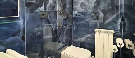 Shower, towels, soap, shampoo